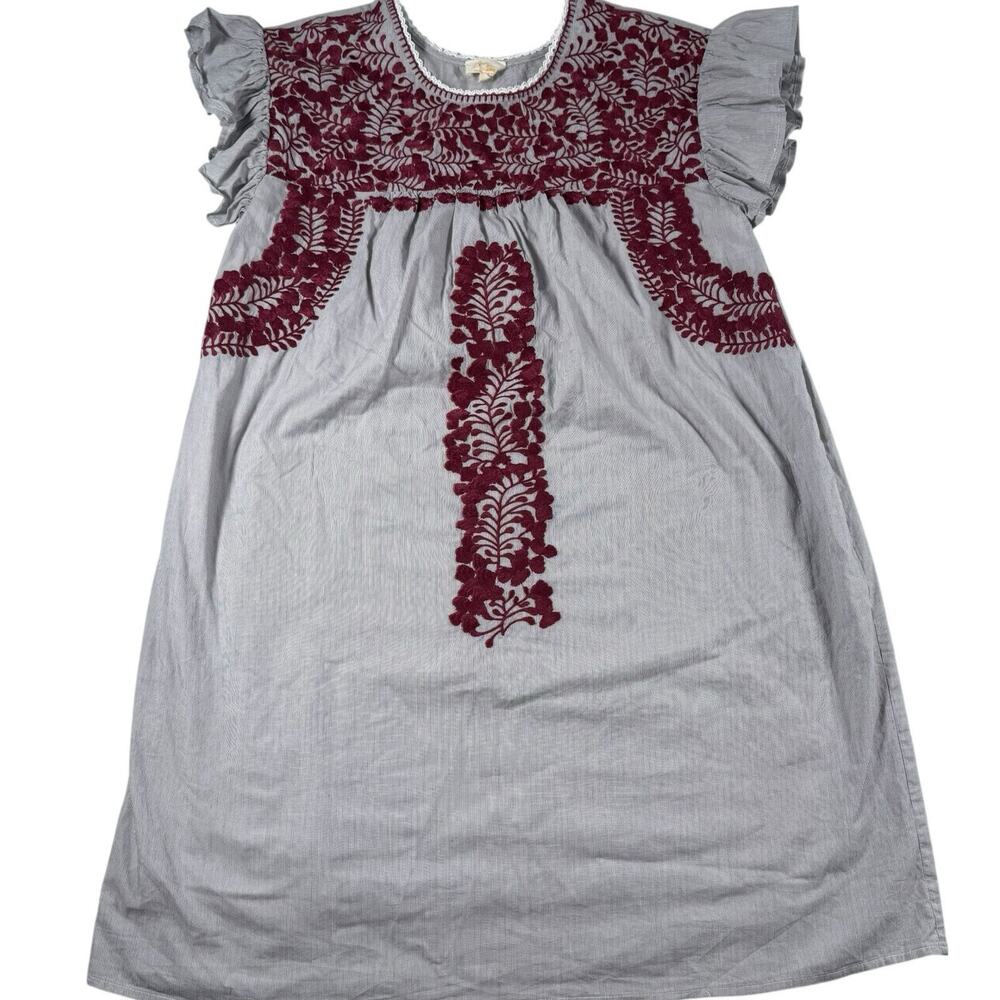 Layerz Clothing Embroidered Floral Dress Gray Burgundy Stripe Cotton Size M